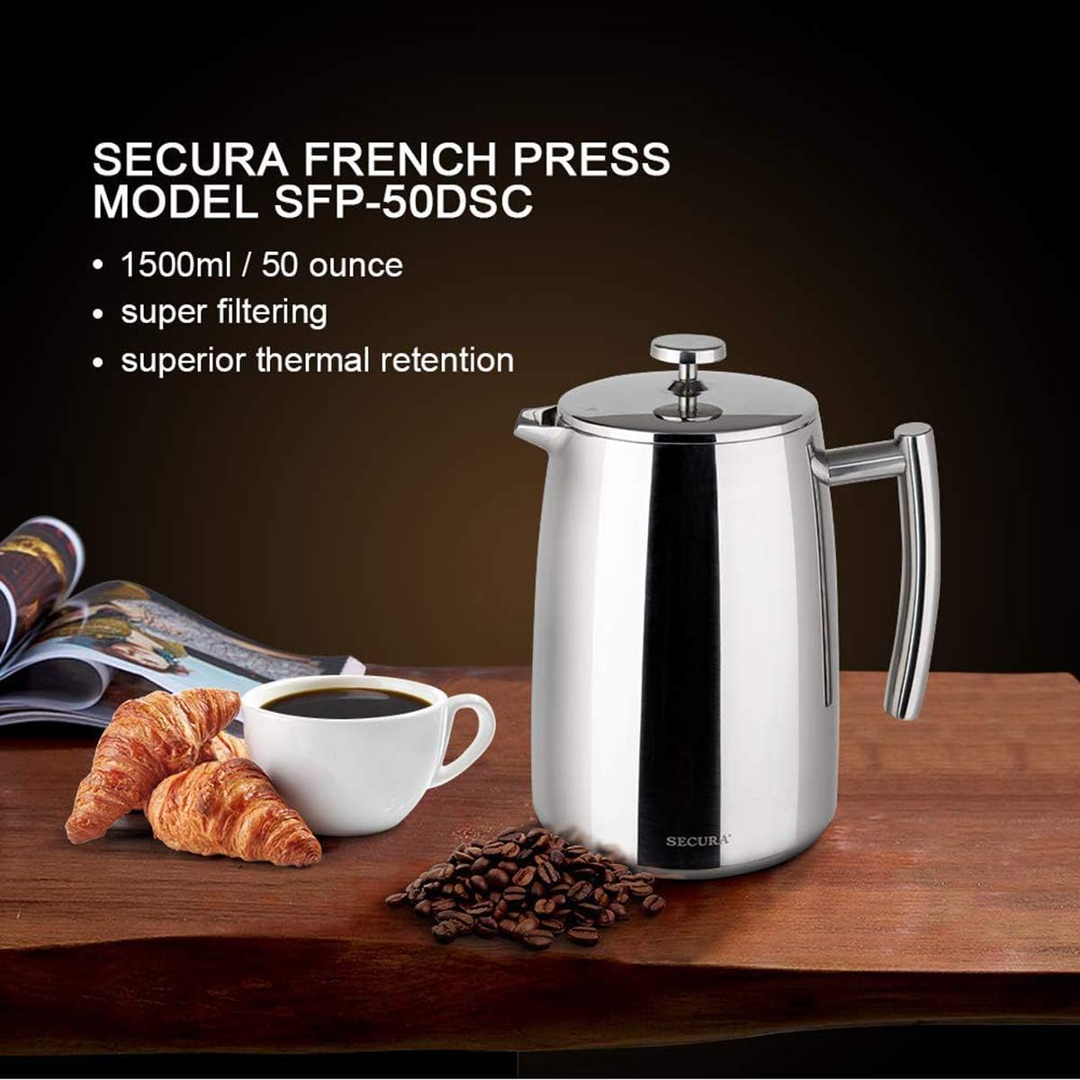 Secura Cafetera de prensa francesa, 50 onzas, prensa de café aislada de acero inoxidable 304 con pantalla adicional