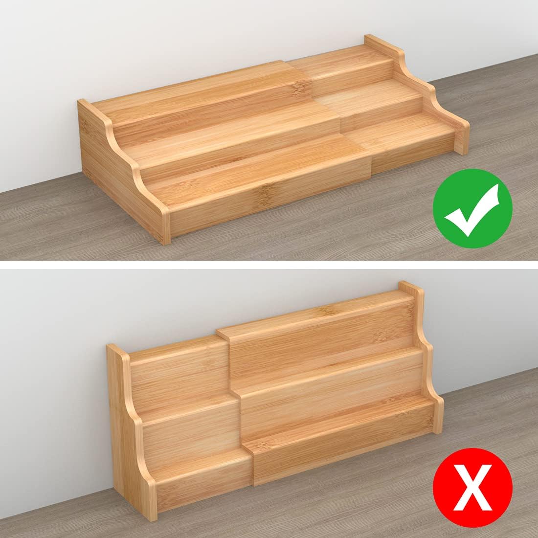 Organizador de gabinete de cocina para especias, estante de exhibición expandible de bambú de 3 niveles, color amarillo