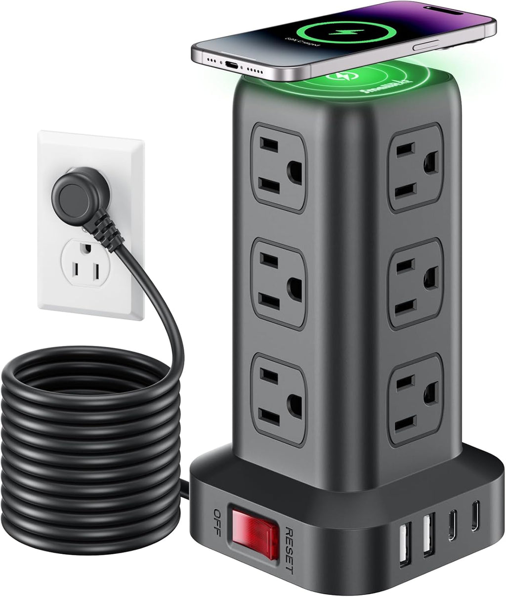 SMALLRT - Cable de extensión con múltiples tomas, torre de regleta de alimentación con protector de sobretensiones, extensor de salida de 10 pies con 12 salidas de CA, 4 USB, regleta de alimentación
