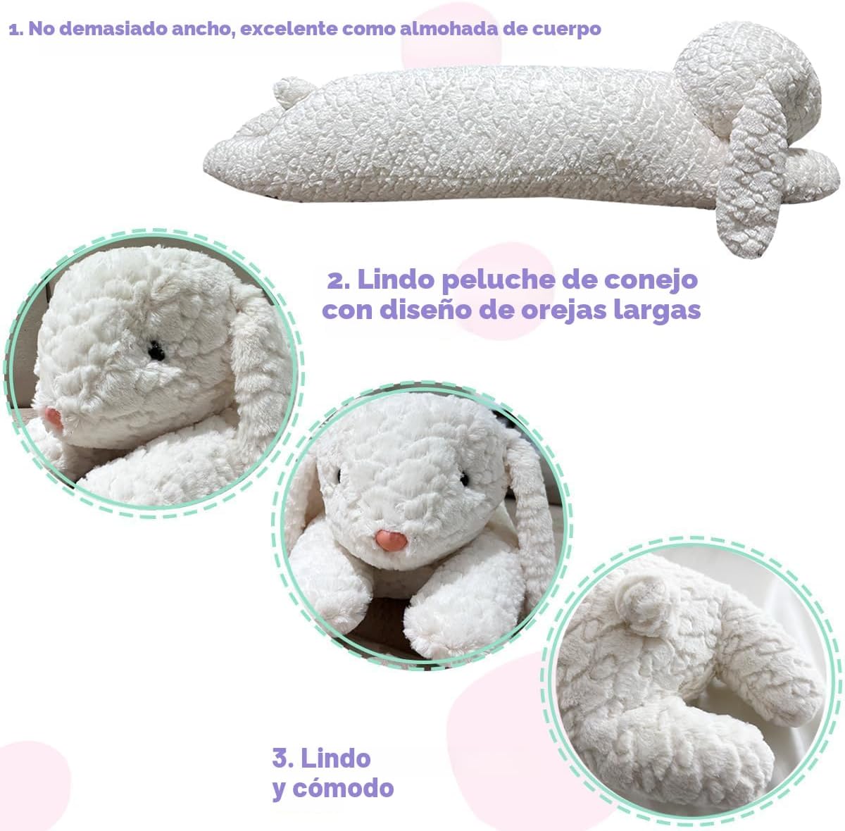 Almohada de felpa de conejo, animal de peluche de conejo, almohada de cuerpo largo de felpa de conejo, regalo para niños y adultos (blanco, 47 pulgadas)
