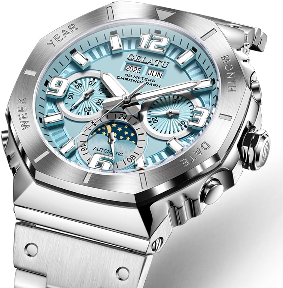 OLEVS Octagon - Reloj mecánico automático para hombre, reloj de pulsera de lujo de cuerda automática, correa de acero inoxidable, reloj de vestir multifunción luminoso impermeable de 164 ft