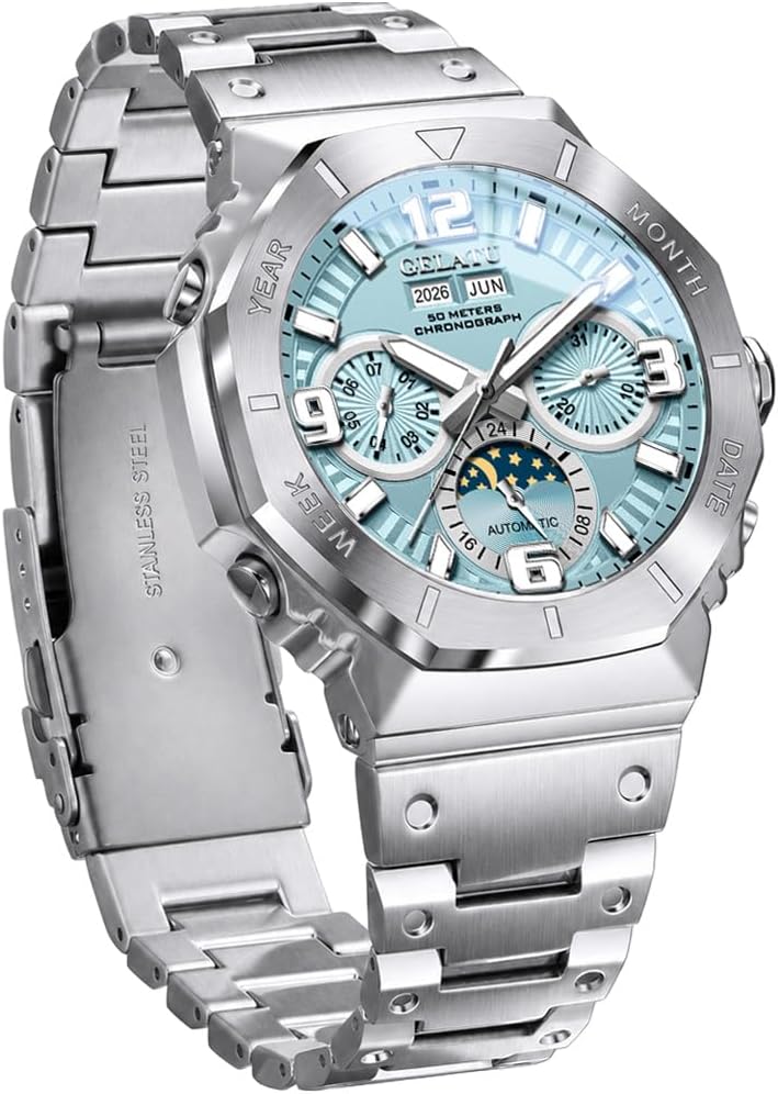 OLEVS Octagon - Reloj mecánico automático para hombre, reloj de pulsera de lujo de cuerda automática, correa de acero inoxidable, reloj de vestir multifunción luminoso impermeable de 164 ft