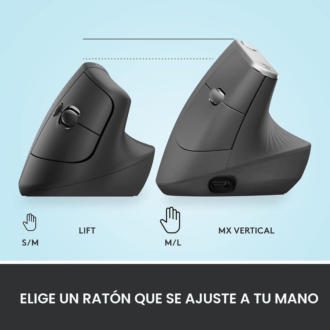 Logitech Lift - Mouse ergonómico vertical, inalámbrico, Bluetooth o...