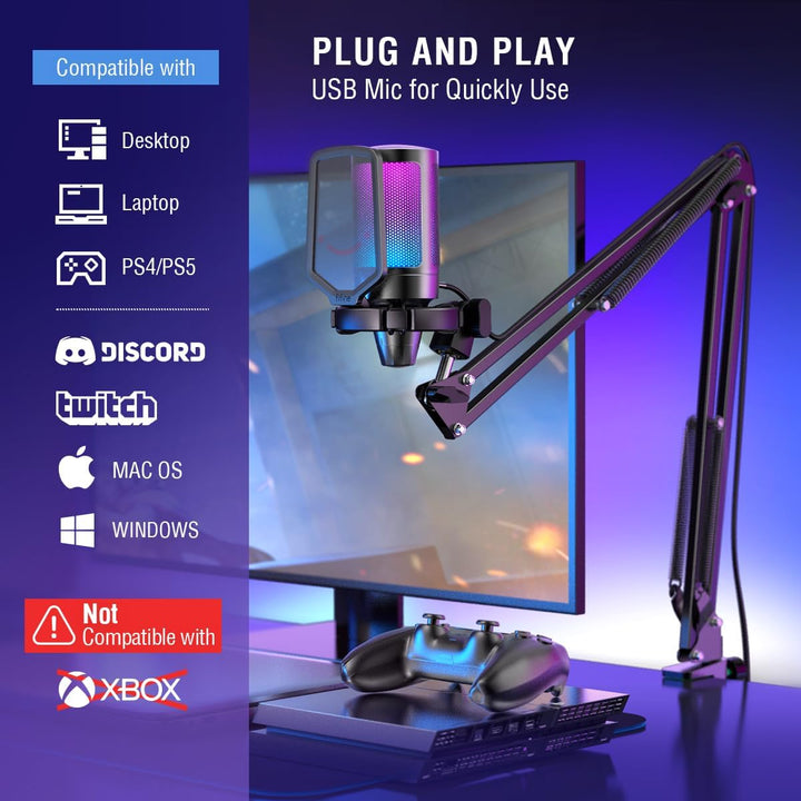 FIFINE Gaming PC USB Microphone, Podcast Condenser Mic with Boom Ar...
