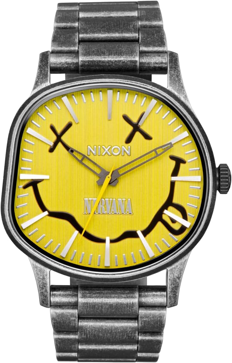 NIXON x Nirvana Smiley Sentry Wobble A1417 - Reloj de cuarzo japonés para hombre - (Carátula de 42 mm, correa de acero inoxidable de 23 mm-20 mm)