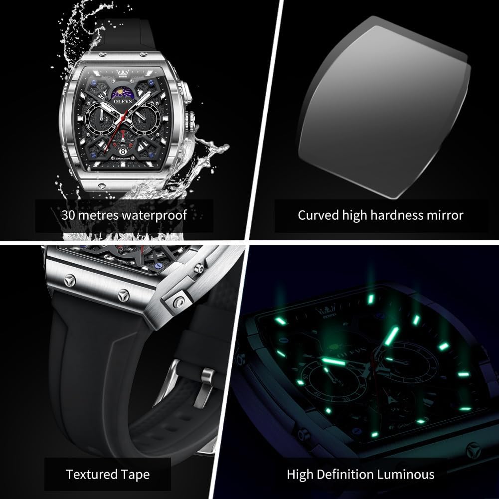 OLEVS Relojes para Hombre Casual Lujo Cara Grande Cronógrafo Multifuncional Relojes de Hombre Correa de Silicona/Nylon Duradera 3 ATM Resistente al Agua Reloj de Hombre Fecha Fase Lunar Reloj