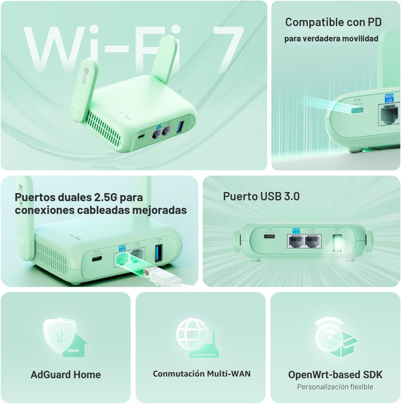 GL.iNet GL-MT3600BE (Beryl 7) Enrutador de viaje portátil, Wifi 7 d...