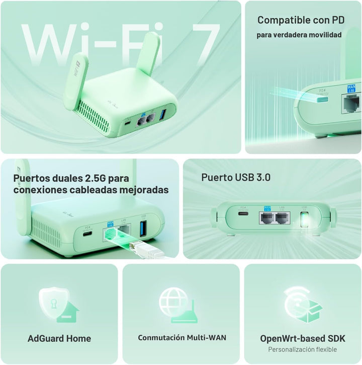 GL.iNet GL-MT3600BE (Beryl 7) Enrutador de viaje portátil, Wifi 7 d...