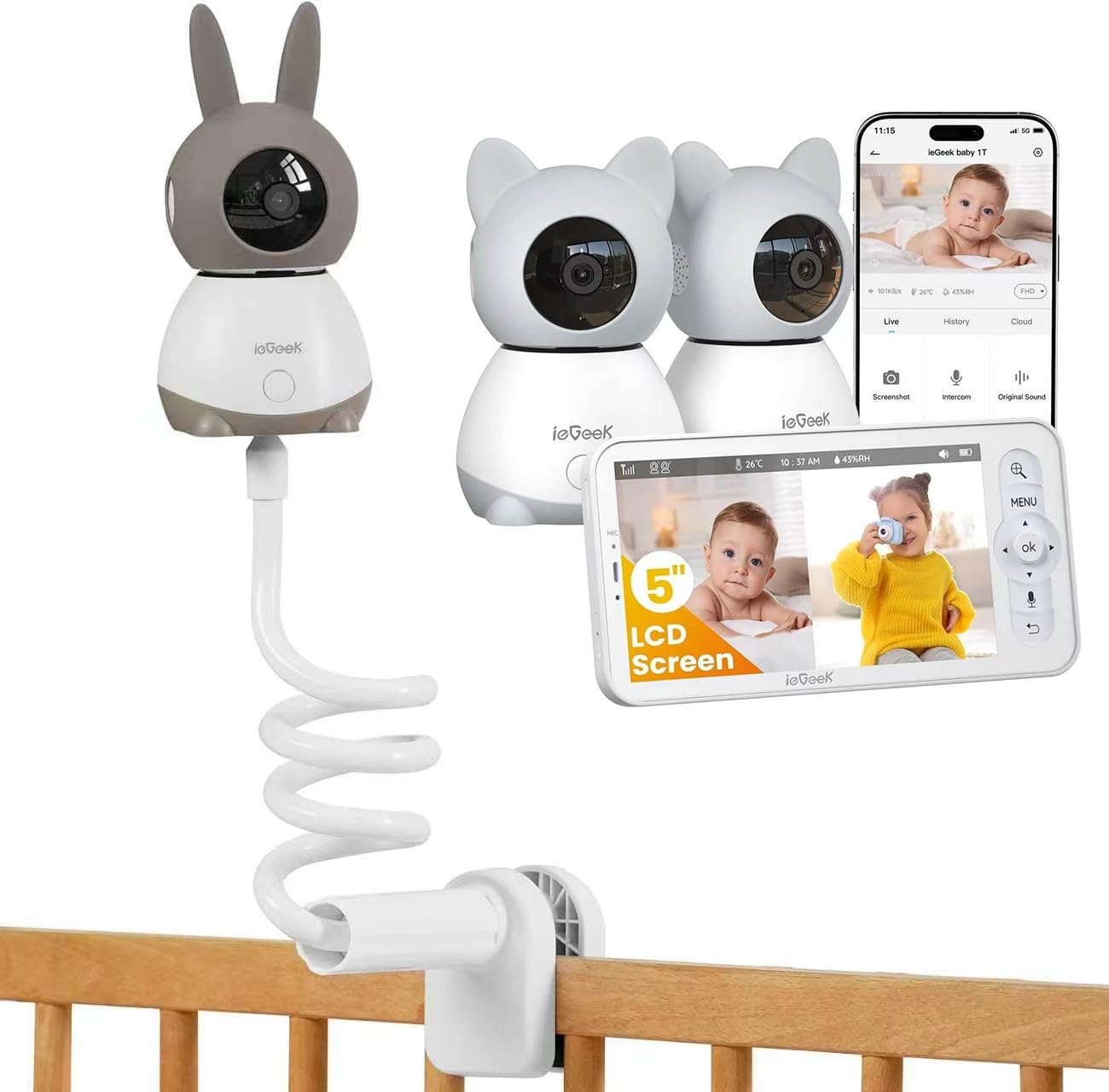 ieGeek Vigilabebés con 2 cámaras y soporte de montaje para vigilabebés