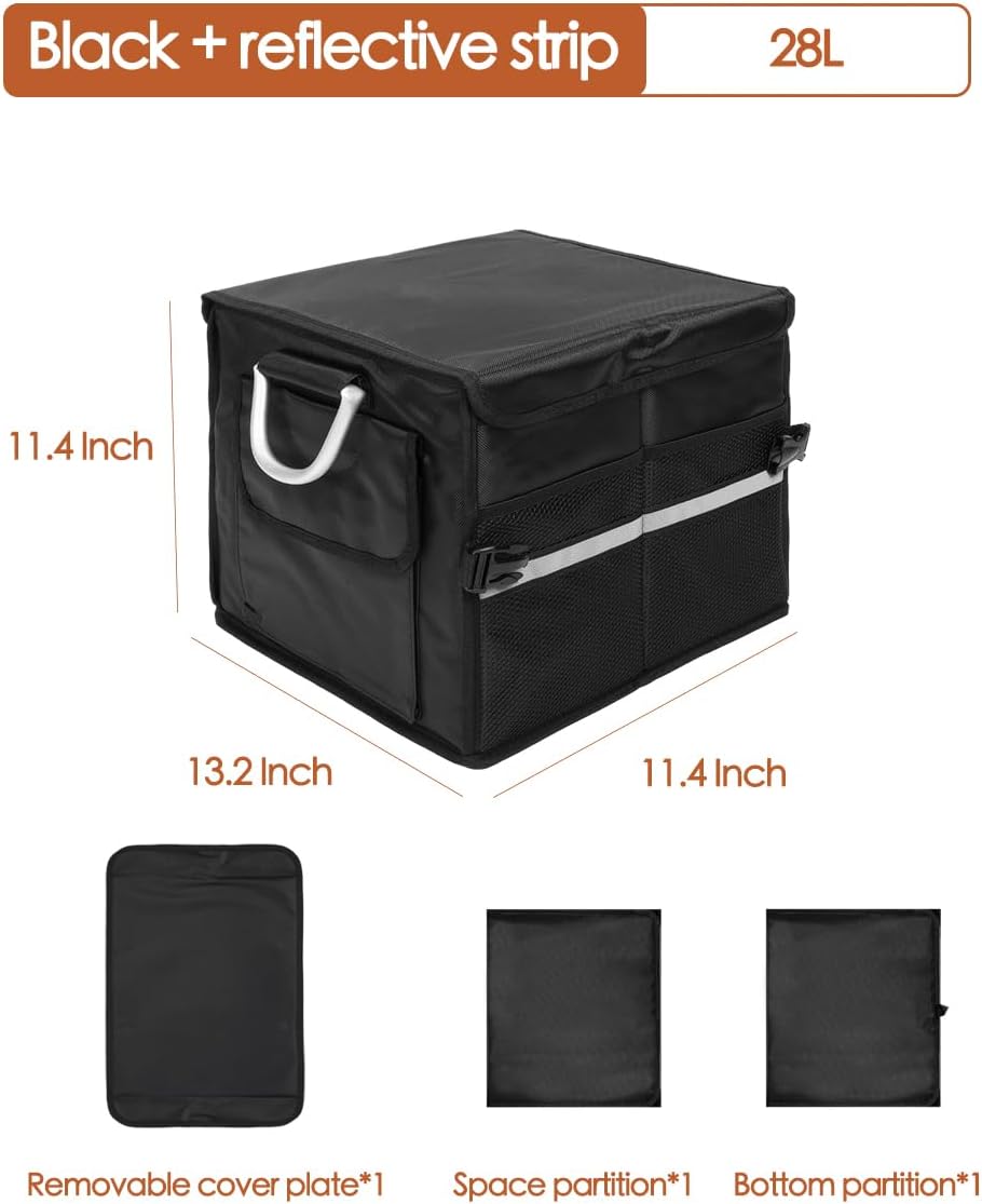 Organizador de maletero pequeño con tapa, para SUV coche camión, negro 28L, tela Oxford impermeable plegable, 2 compartimentos con mango de aleación de aluminio
