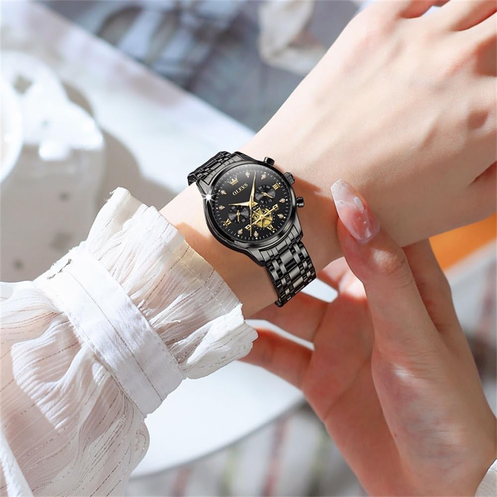 OLEVS Relojes para mujeres de negocios, con diamante, pulsera de acero inoxidable, fecha, impermeable, tono bicolor para mujer