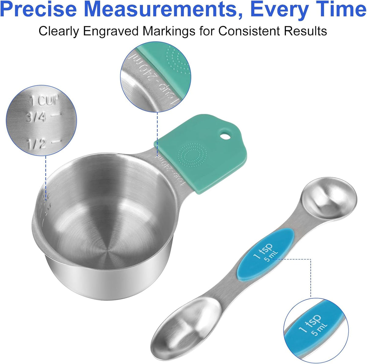 Juego de tazas y cucharas medidoras magnéticas, tazas de acero inoxidable