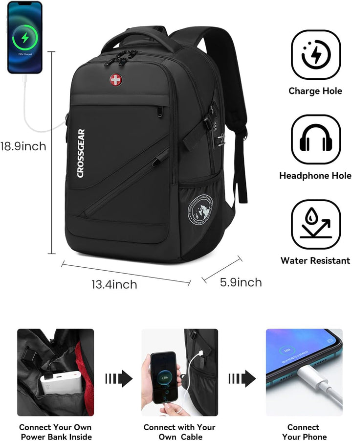 CROSSGEAR Mochila grande de viaje de 17.3 pulgadas, con cerradura a...