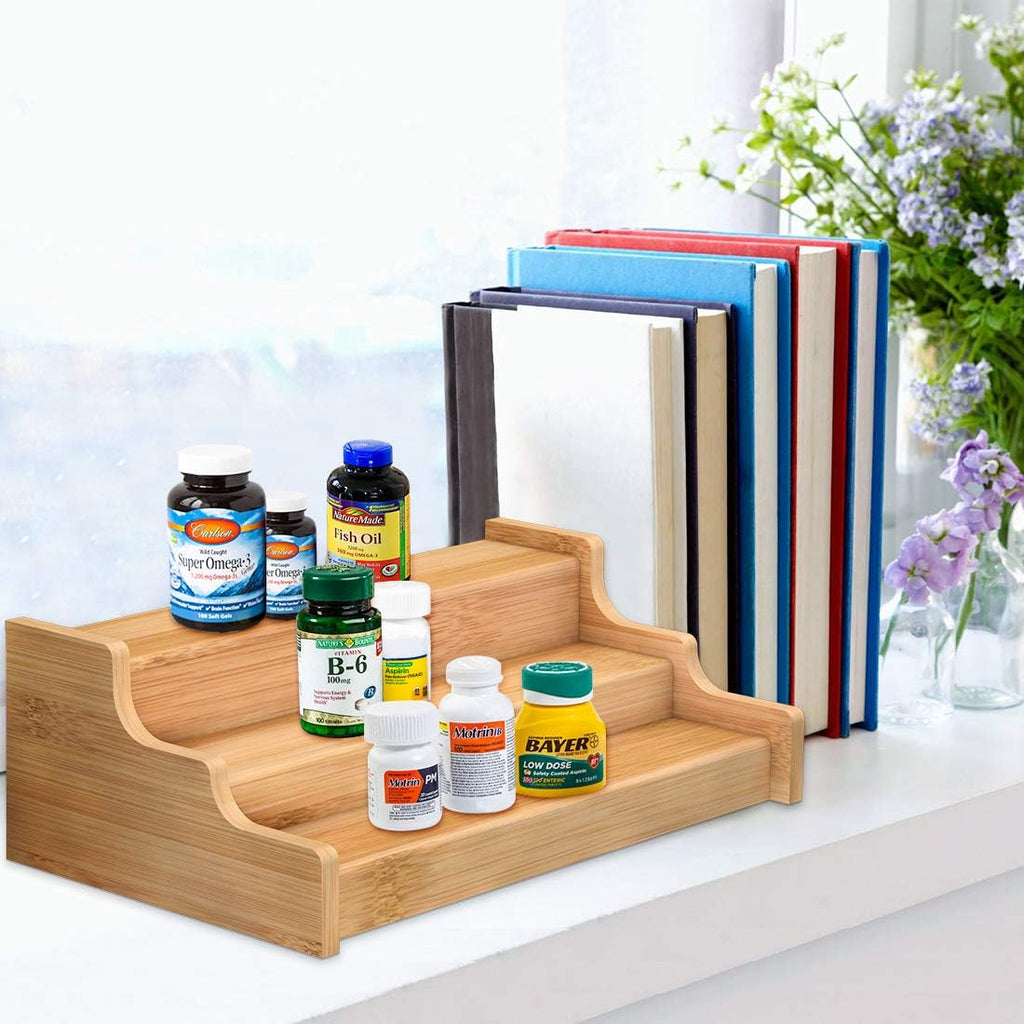 Organizador de gabinete de cocina para especias, estante de exhibición expandible de bambú de 3 niveles, color amarillo