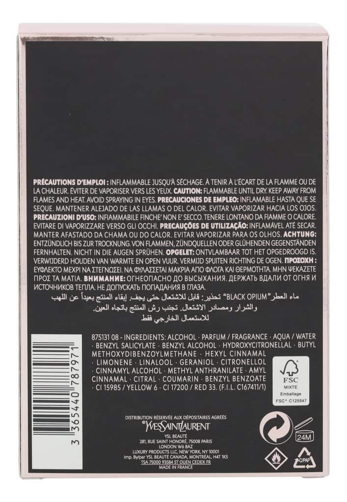 Yves Saint Laurent Eau De Parfum Spray para mujeres, Black Opium, 3...