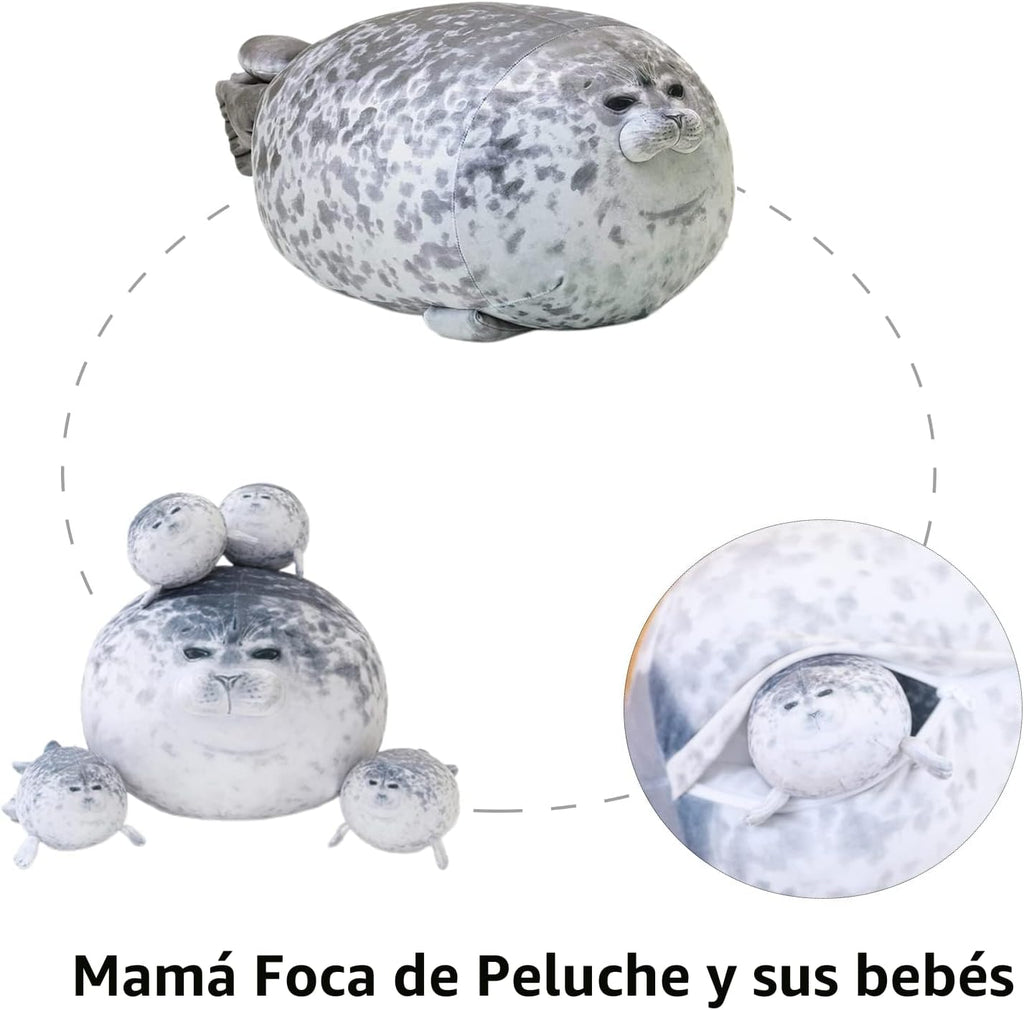 SQEQE Chubby Seal Almohada de peluche con 4 peluches de foca de bebé en su barriga, Sello