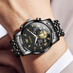 Reloj OLEVS azul para hombre Fase lunar Negocios Vestir Analógico Acero inoxidable Impermeable Luminiscente Fecha Bicolor Lujo Casual de pulsera