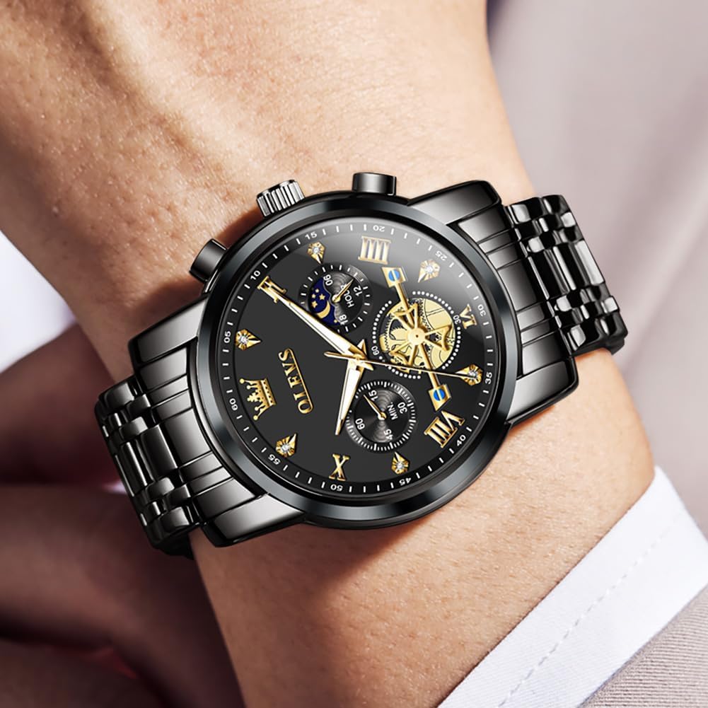 Reloj OLEVS azul para hombre Fase lunar Negocios Vestir Analógico Acero inoxidable Impermeable Luminiscente Fecha Bicolor Lujo Casual de pulsera