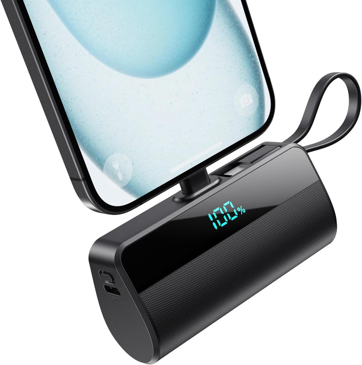 Cargador portátil mini para iPhone con cable USB C incorporado, bat...