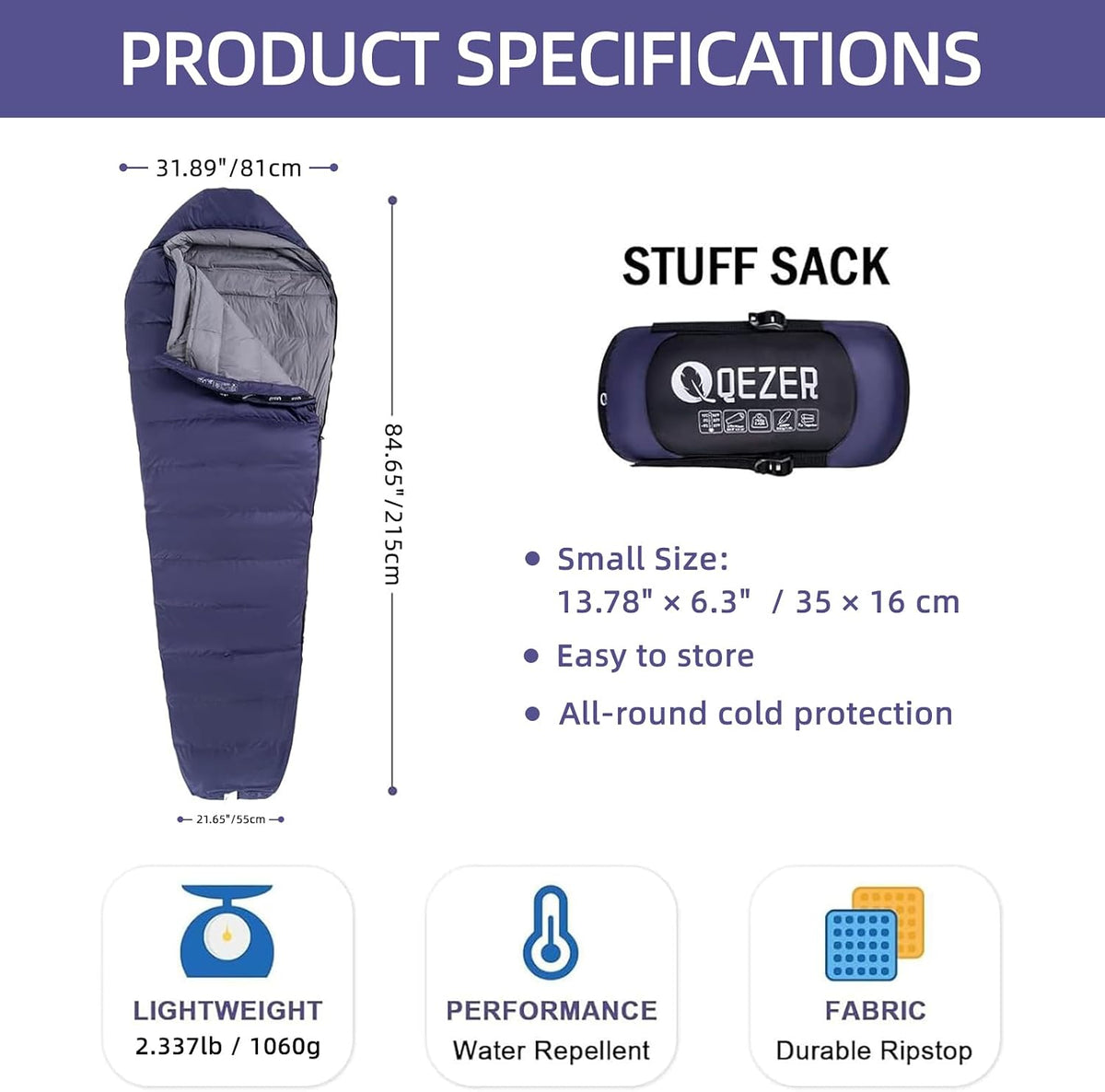 Mochila/Almohada de dormir Down Mummy para adultos, 600 Fill Power para senderismo