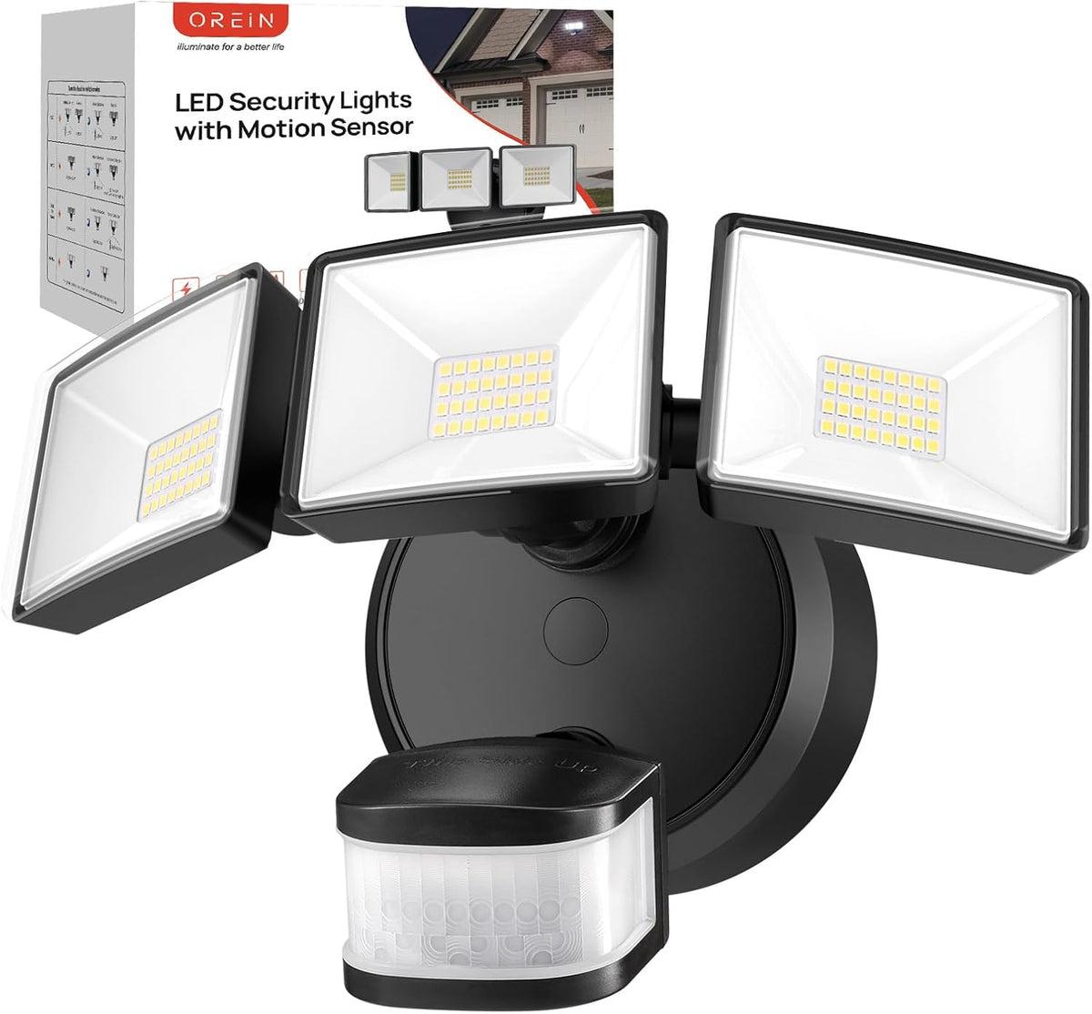 OREiN Luz de inundación para exteriores con sensor de movimiento, 42 W, 6500 lm, luz de seguridad LED súper brillante, modos de atardecer a amanecer/automático/manual, reflector impermeable IP65 con