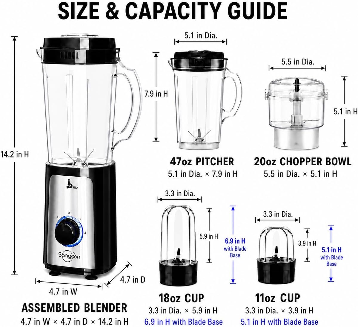 Sangcon Batidoras para cocina, 5 en 1, procesador de alimentos combinado