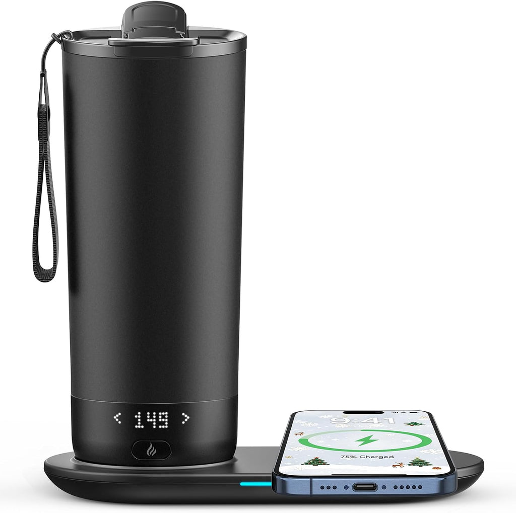 Taza de viaje con calefacción con control de temperatura, taza de café autocalentable inteligente de 20 onzas, pantalla LED controlada por aplicación, juegos de café mantenidos a una temperatura constante durante 4-10 horas (negro, 20 onzas)