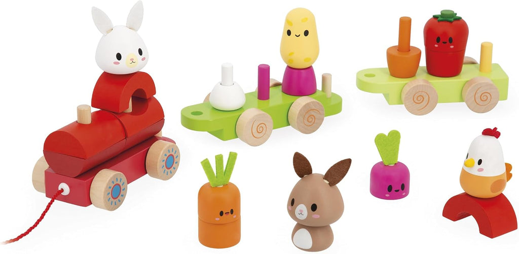 Janod - Tren de madera - Tema de granja - 3 vagones y 19 piezas - Juguete de aprendizaje temprano - Madera y pintura a base de agua - Desarrollar habilidades motoras finas - a partir de 12 meses