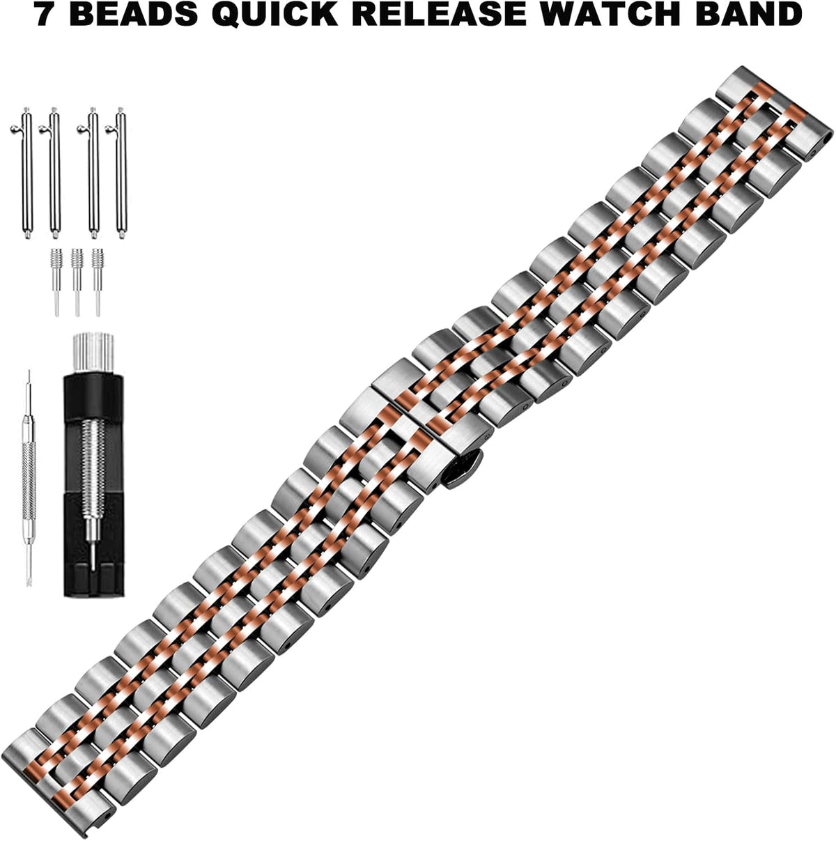 Juntan Correa de reloj de 7 cuentas de liberación rápida, correa de reloj de acero inoxidable de 20 mm y 22 mm para hombres y mujeres, pulsera de reloj de metal ajustable estilo formal con cierre de