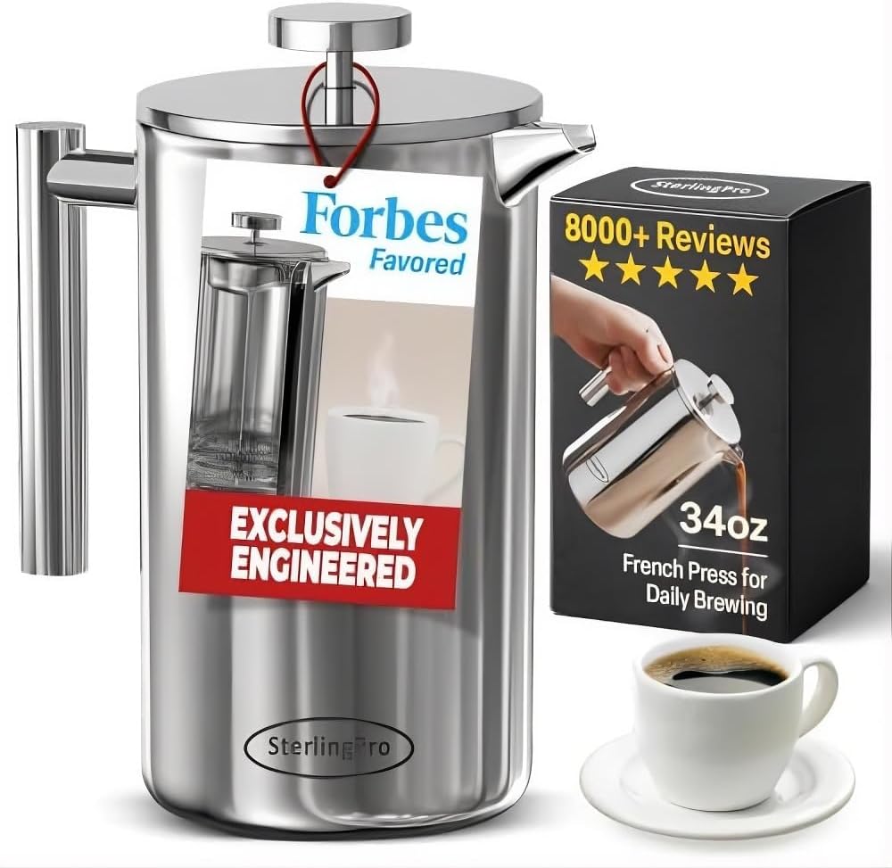 SterlingPro Cafetera de prensa francesa de acero inoxidable con aislamiento no tóxico, 34 onzas, cafetera de doble pared de metal aislada, sin plástico, tacto frío, acabado espejo, hace hasta 8 tazas
