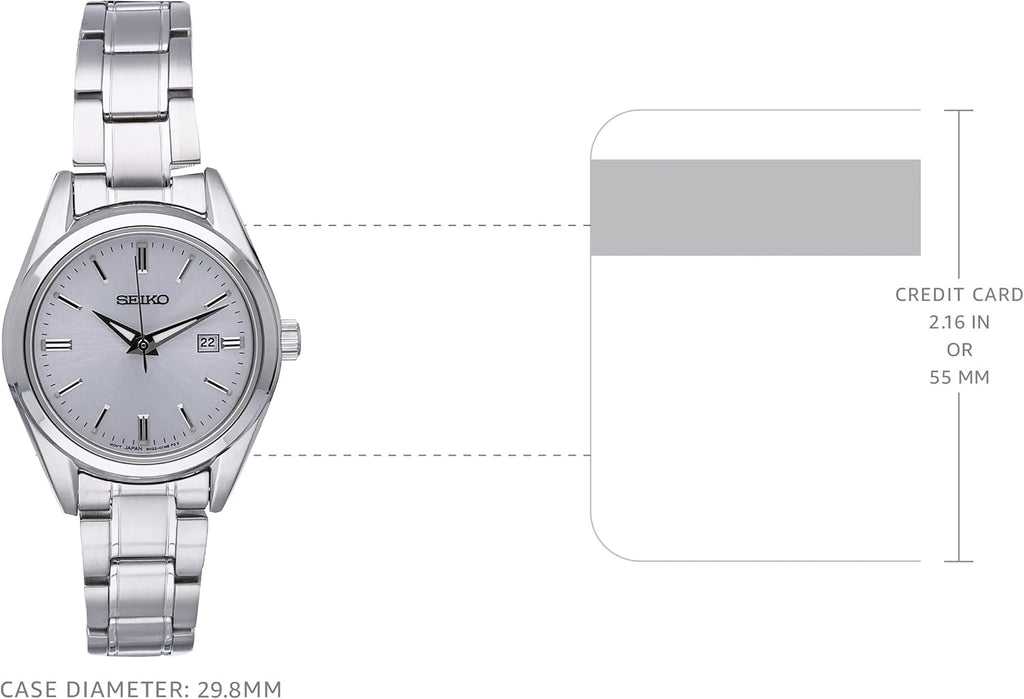 SEIKO SUR633 Reloj para mujer – Essentials – con caja de acero inoxidable y pulsera, esfera plateada de rayos solares, calendario de fecha y resistente al agua hasta 394.4 pies