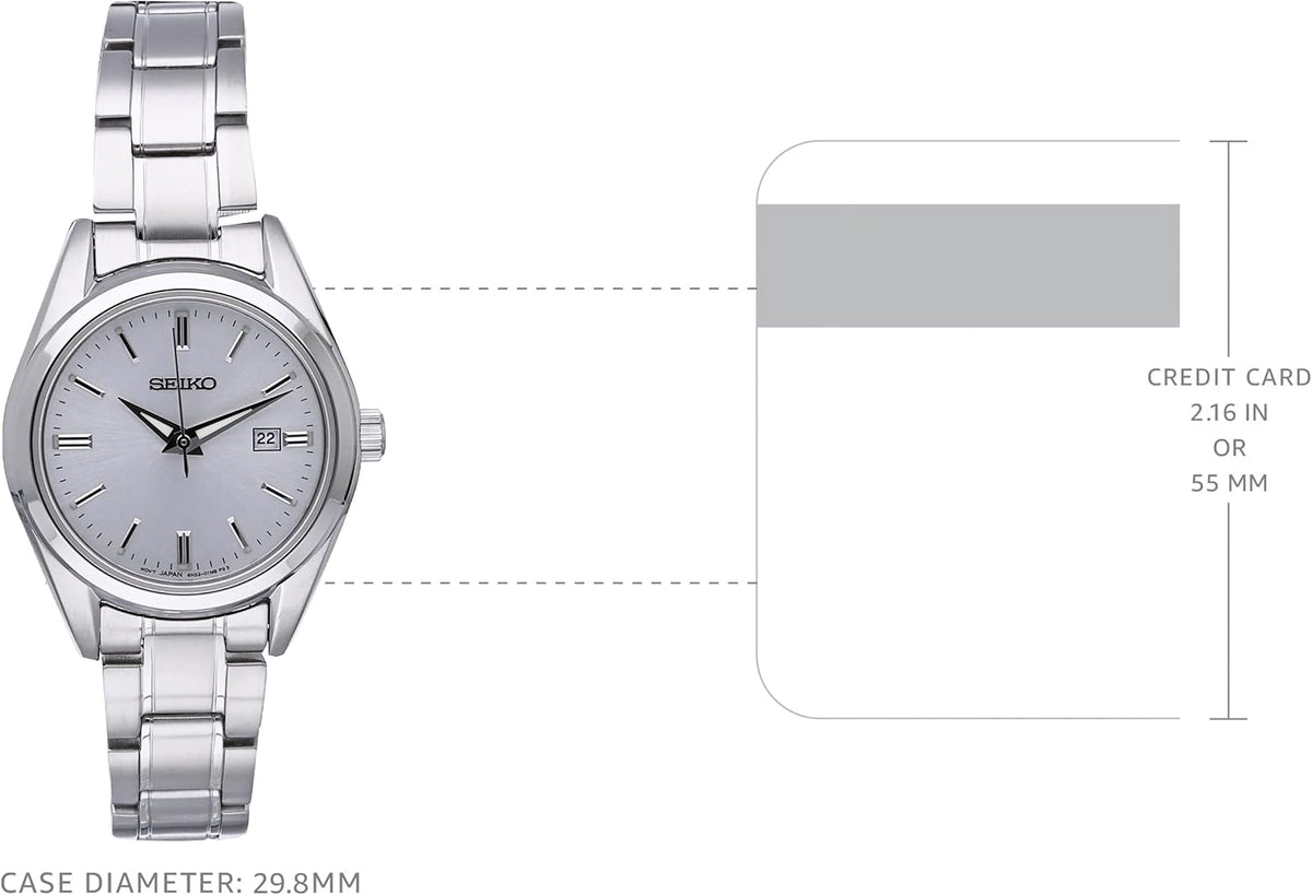 SEIKO SUR633 Reloj para mujer – Essentials – con caja de acero inoxidable y pulsera, esfera plateada de rayos solares, calendario de fecha y resistente al agua hasta 394.4 pies