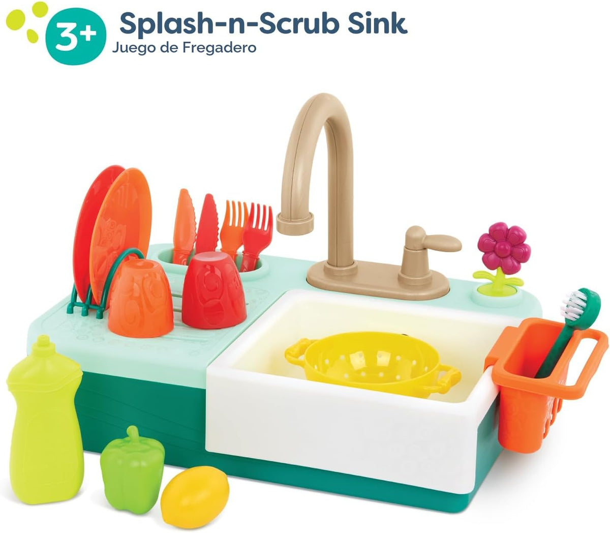 B. toys - Fregadero de juego, fregadero Splash-n-Scrub con grifo de agua corriente