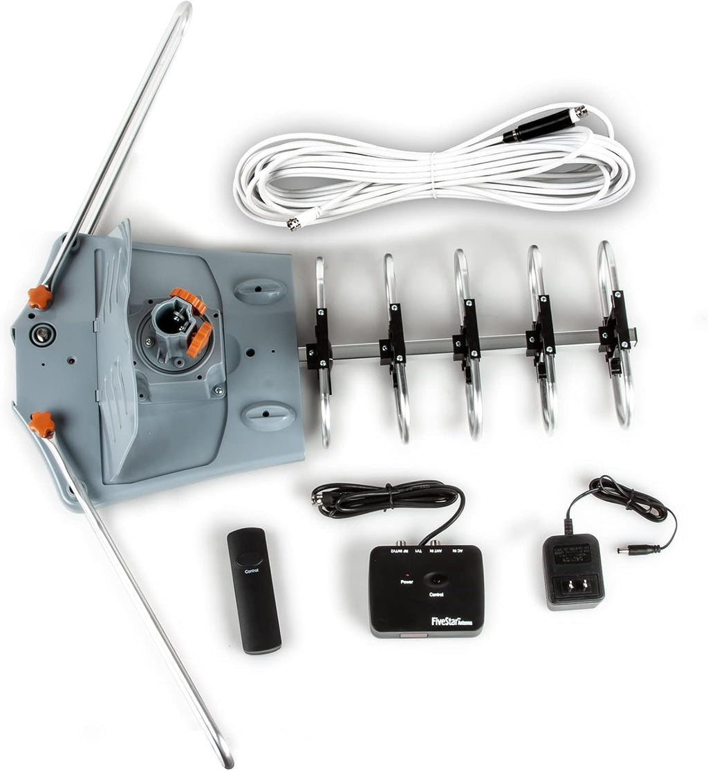 Five Star Antena HDTV amplificada OTA de rotación de 360 grados motorizada para exteriores de 150 millas para 2 televisores - Canales UHF/VHF/1080P Control remoto inalámbrico - Cable coaxial RG6 de 40 pies