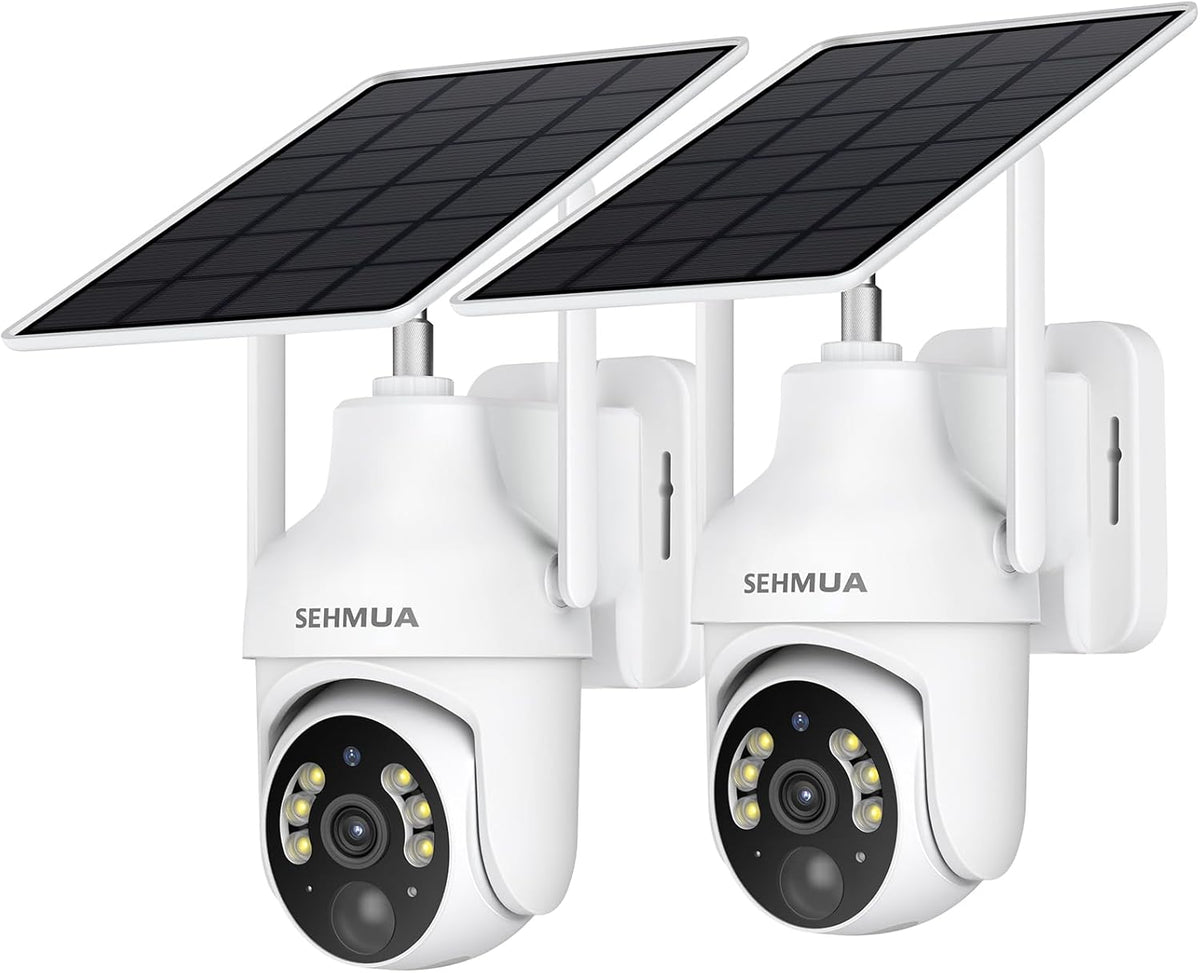 SEHMUA - Cámaras de seguridad solares 2K para exteriores, Blanco, Paquete de 2 cámaras WiFi