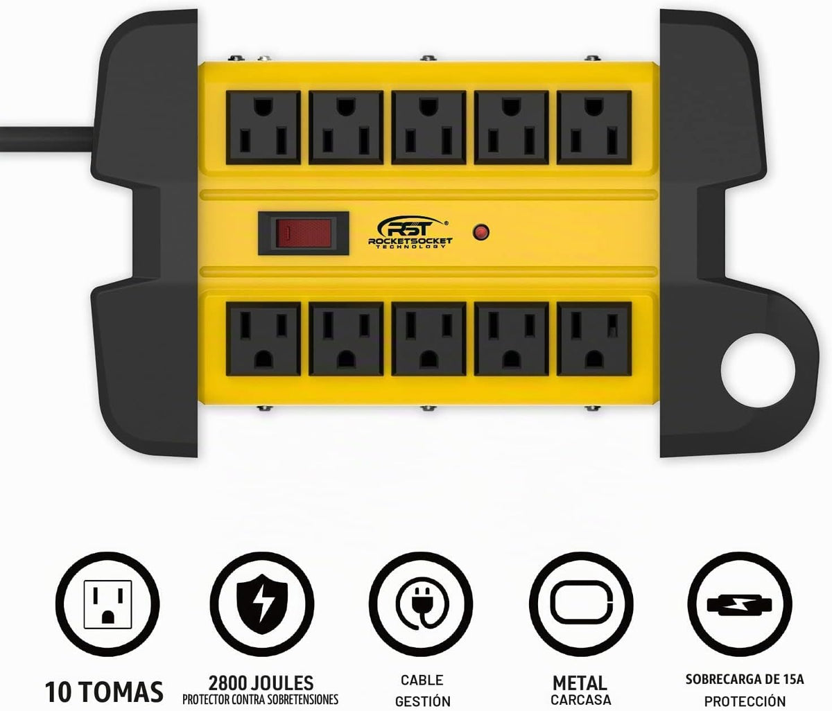 Tira de alimentación resistente con protector contra sobretensiones de 10 tomas, tira de alimentación industrial de metal con 2800 julios, interruptor de circuito de 15A, cable de extensión de 6