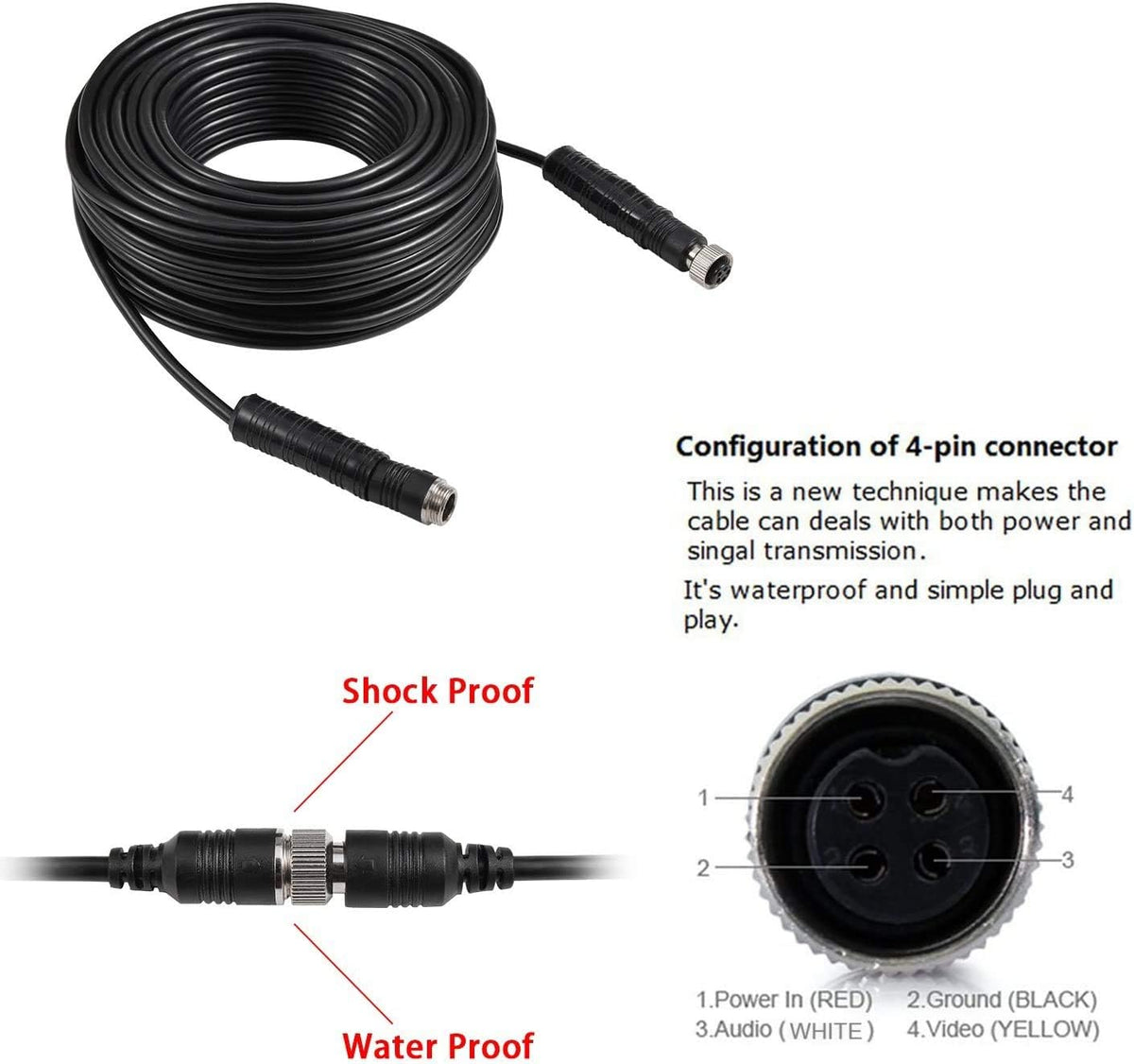 Sistema de cámara de respaldo para vehículo pesado DALLUX, cámara de visión trasera impermeable de visión nocturna con monitor de 7 pulgadas + cable de cámara de 4 pines de 66 pies para autobús