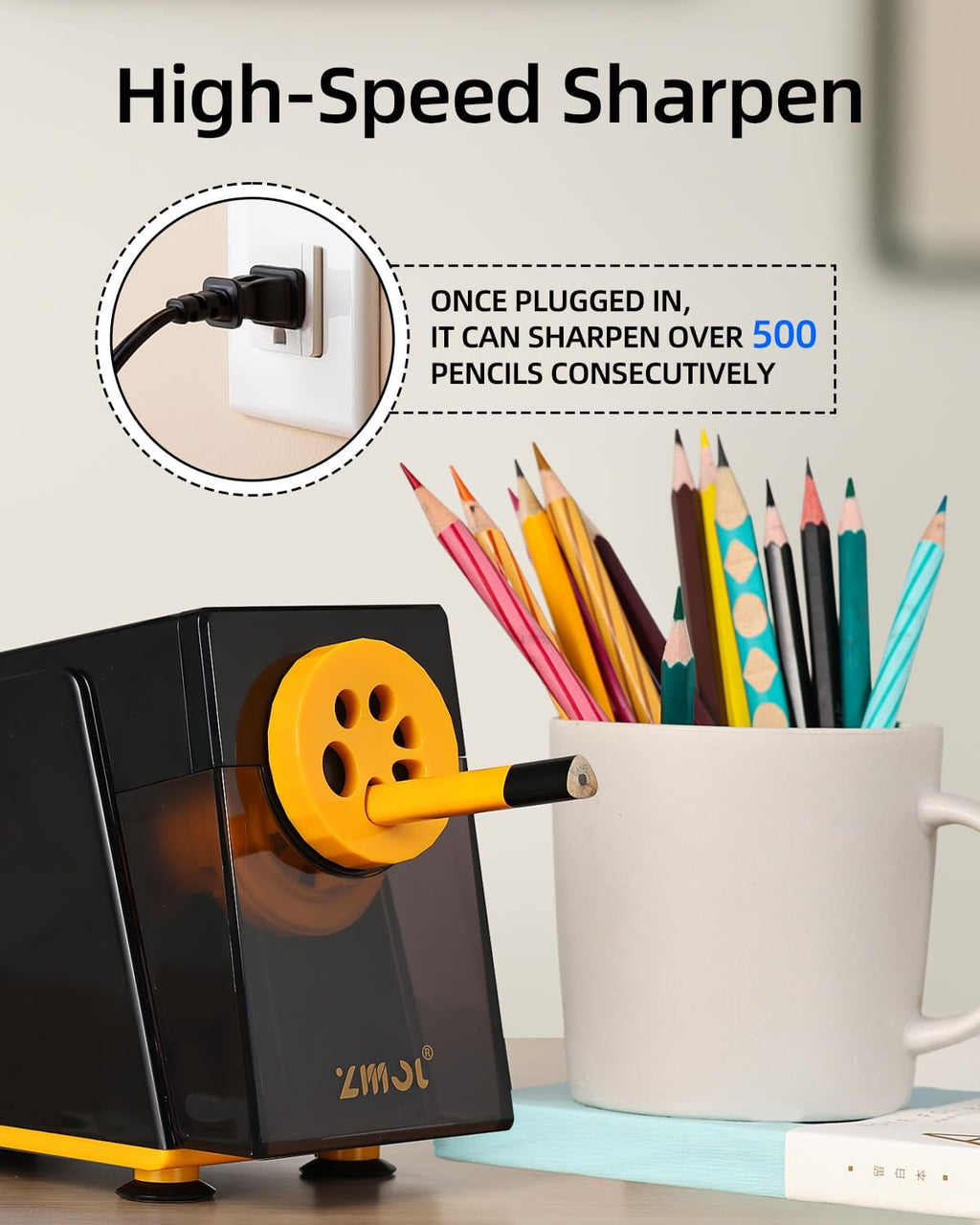 Sacapuntas eléctrico, resistente para aula, 0.236-0.472 in, negro