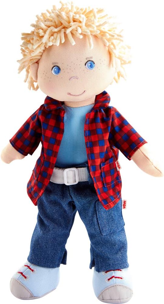 HABA Nick - Muñeco suave de 12 pulgadas, muñeco de bebé con cabello rubio y ojos azules (lavable a máquina), juguete de peluche perfecto para 18 meses en adelante