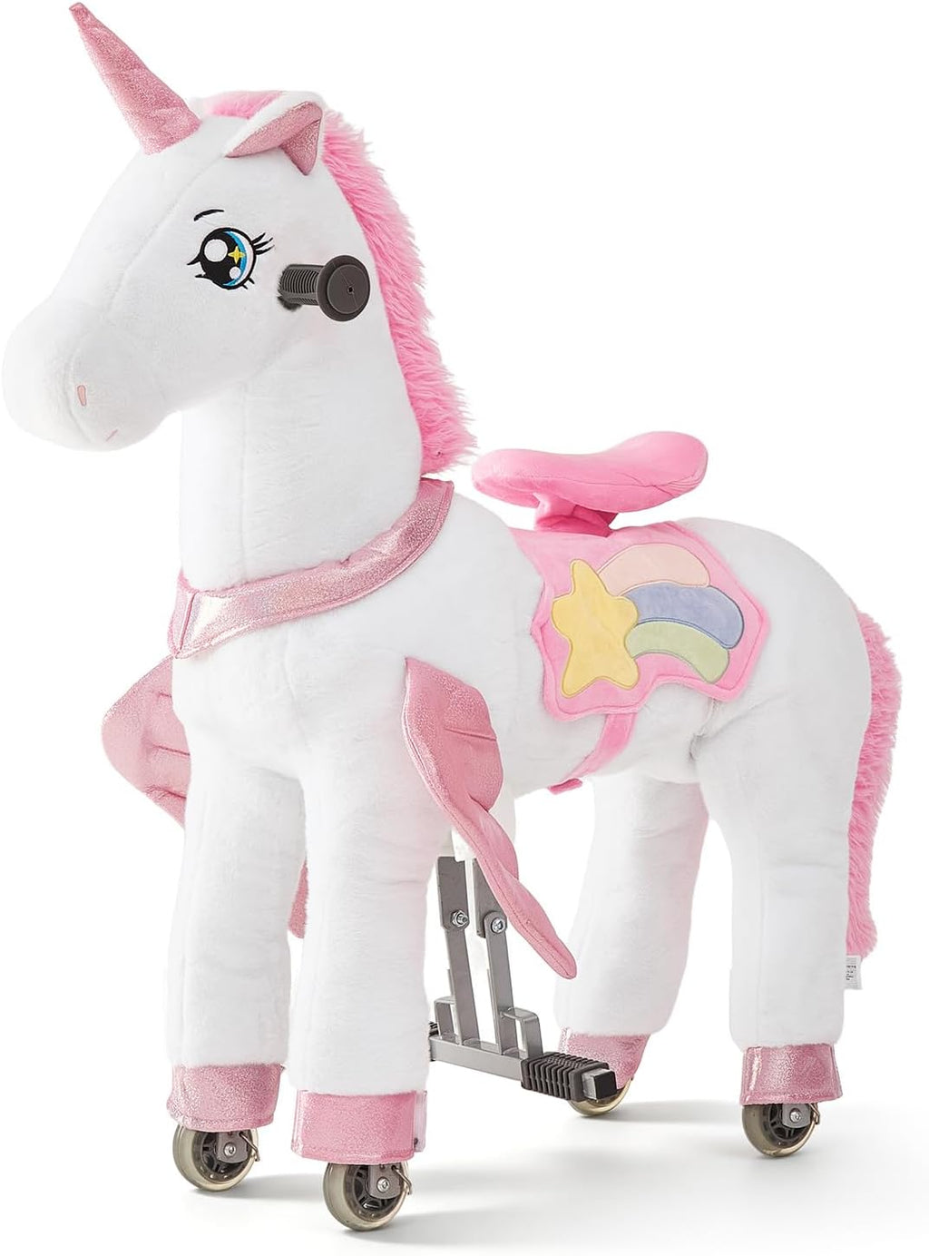 FUNLIO Caballo de unicornio para niños de 3 a 6 años, juguetes de felpa con ruedas para jugar en interiores y exteriores, fácil de montar, certificado CPC y CE, pequeño
