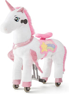FUNLIO Caballo de unicornio para niños de 3 a 6 años, juguetes de felpa con ruedas para jugar en interiores y exteriores, fácil de montar, certificado CPC y CE, pequeño