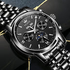 OLEVS - Reloj automático de lujo para hombre de cuerda mecánica con fases de la luna, de acero inoxidable, impermeable y con calendario luminoso, correa plateada