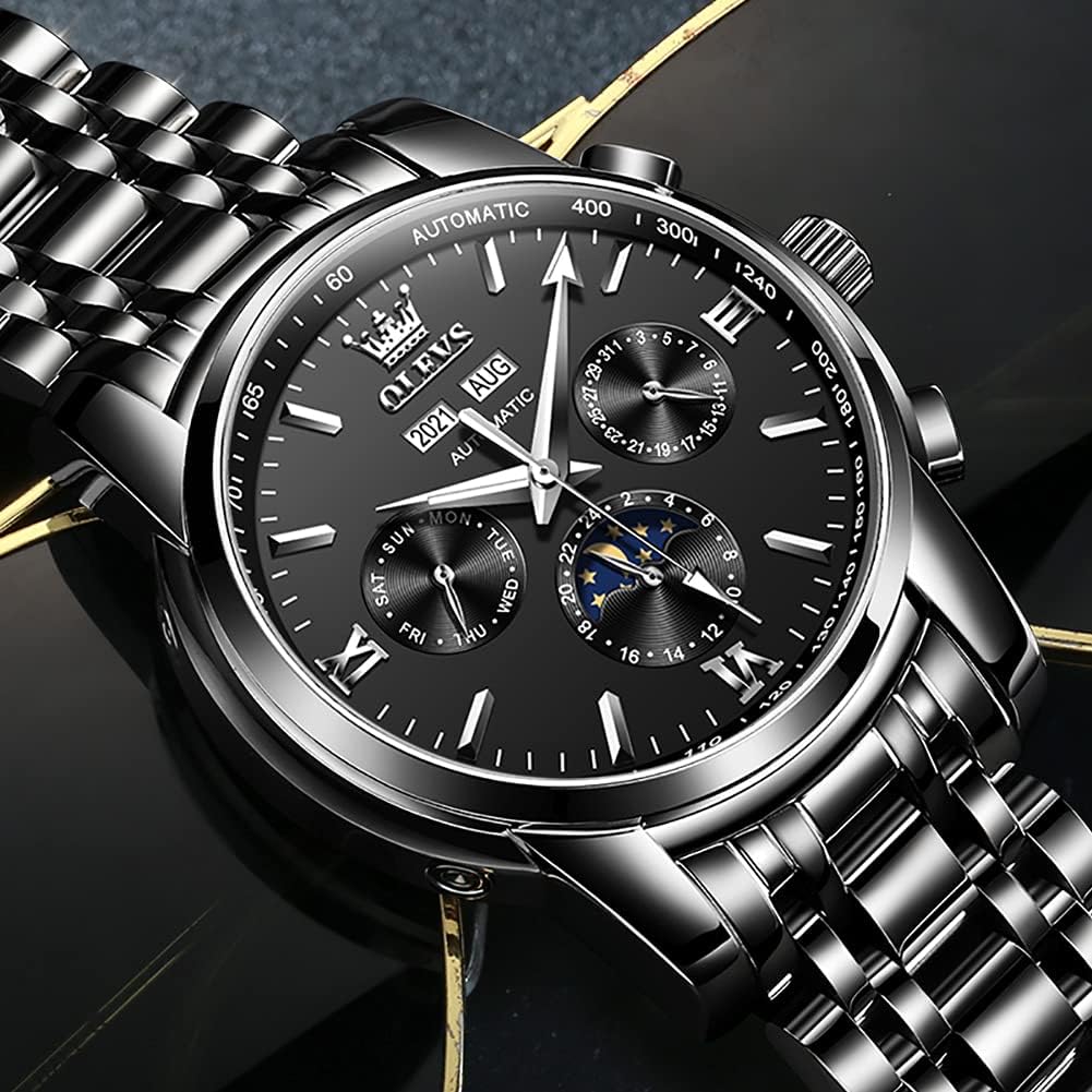 OLEVS - Reloj automático de lujo para hombre de cuerda mecánica con fases de la luna, de acero inoxidable, impermeable y con calendario luminoso, correa plateada