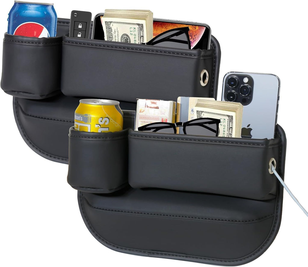 Organizador anticaídas para asiento de automóvil, organizador de consola de cuero de alta calidad, fácil acceso al teléfono/llaves, ajuste universal para automóvil, SUV, camión, organizador esencial multiusos (2 unidades)