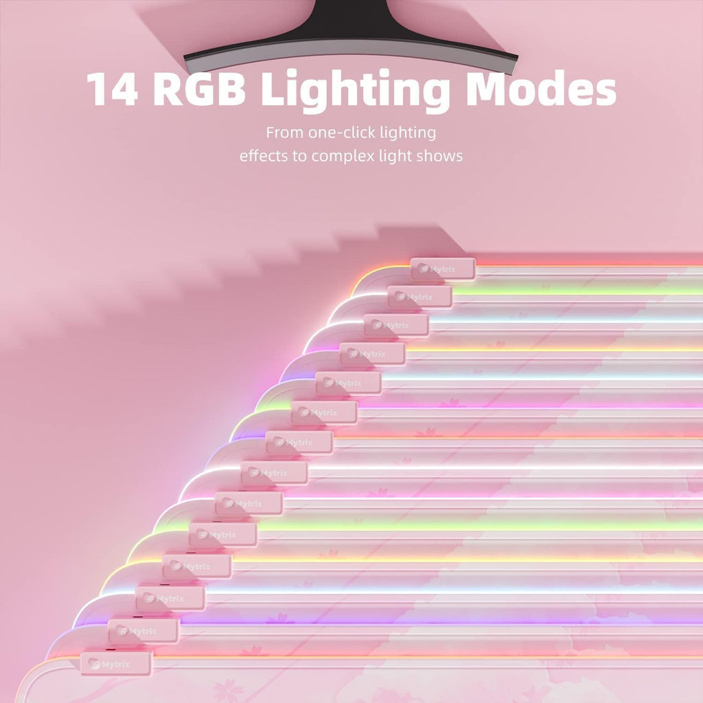 Alfombrilla de mouse para juegos LED RGB rosa, almohadilla brillante de 14 modos, alfombrilla de mouse extragrande para juegos, goma impermeable antideslizante, linda alfombrilla Sakura extendida para teclado grande y alfombrilla de mouse para jugadores
