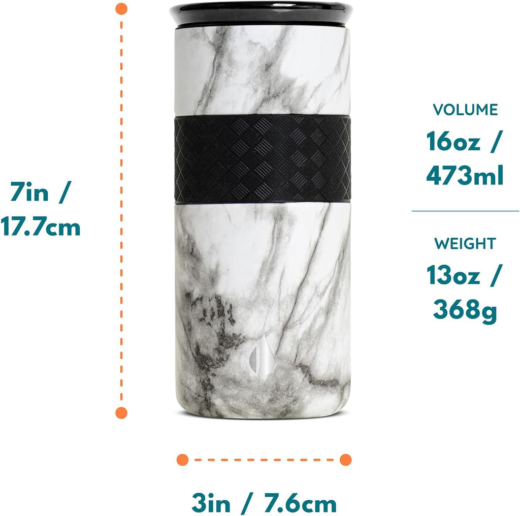 Elemental Vaso aislado artesanal, vaso de viaje para café de triple pared, reutilizable, de acero inoxidable con tapa de cerámica, taza de café térmica para bebidas calientes (6 horas) y frías (18