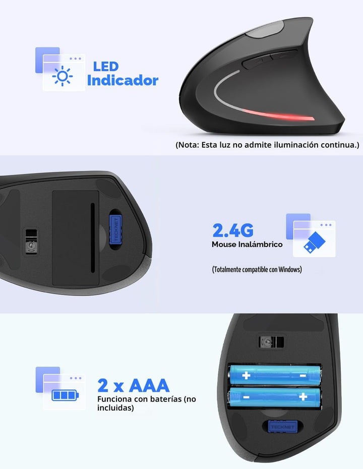 TECKNET Ratón Vertical Inalámbrico Ergonómico 2.4G - Ratón Óptico p...