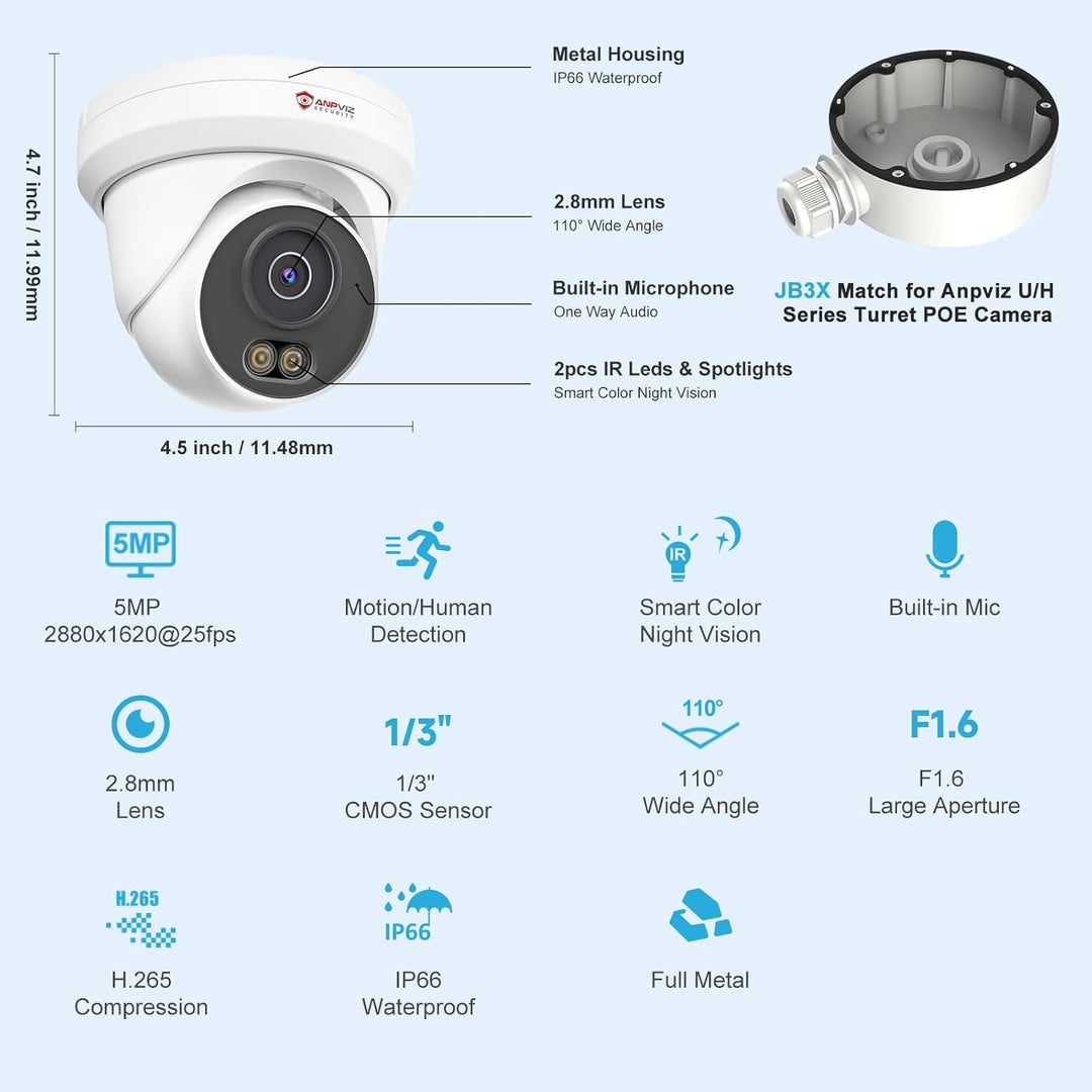 Anpviz Cámara PoE de 5MP, Cámara IP de Seguridad Turret Completamen...