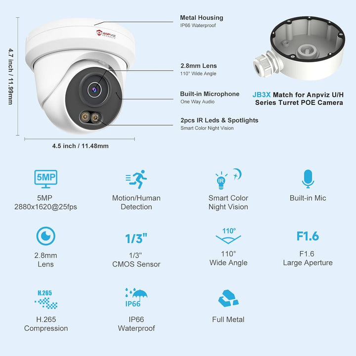 Anpviz Cámara PoE de 5MP, Cámara IP de Seguridad Turret Completamen...