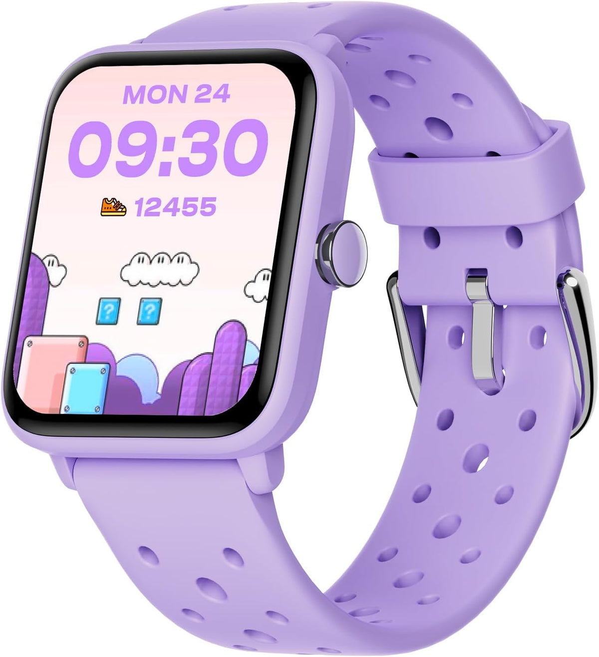 BIGGERFIVE Reloj inteligente para niños sin aplicación, podómetro, ritmo cardíaco, impermeable 5 ATM, monitor de sueño, contador de pasos de calorías, juegos, reloj despertador para niñas de 5 a 14, lila poroso